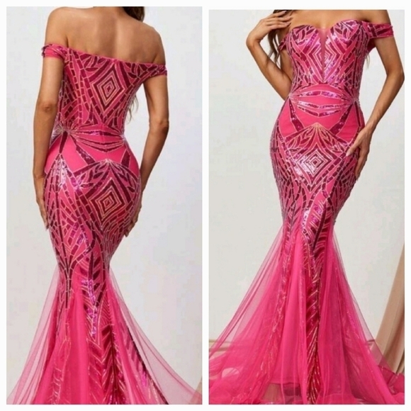 Hot Pink Geometric Pattern Contrast Sequined and Mesh Mermaid Maxi Forma… - Picture 1 of 14